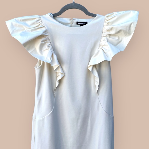 NWT Express Cream Dramatic Ruffle Sleeve Lined Sheath Dress, Bridal Show… - Picture 4 of 9